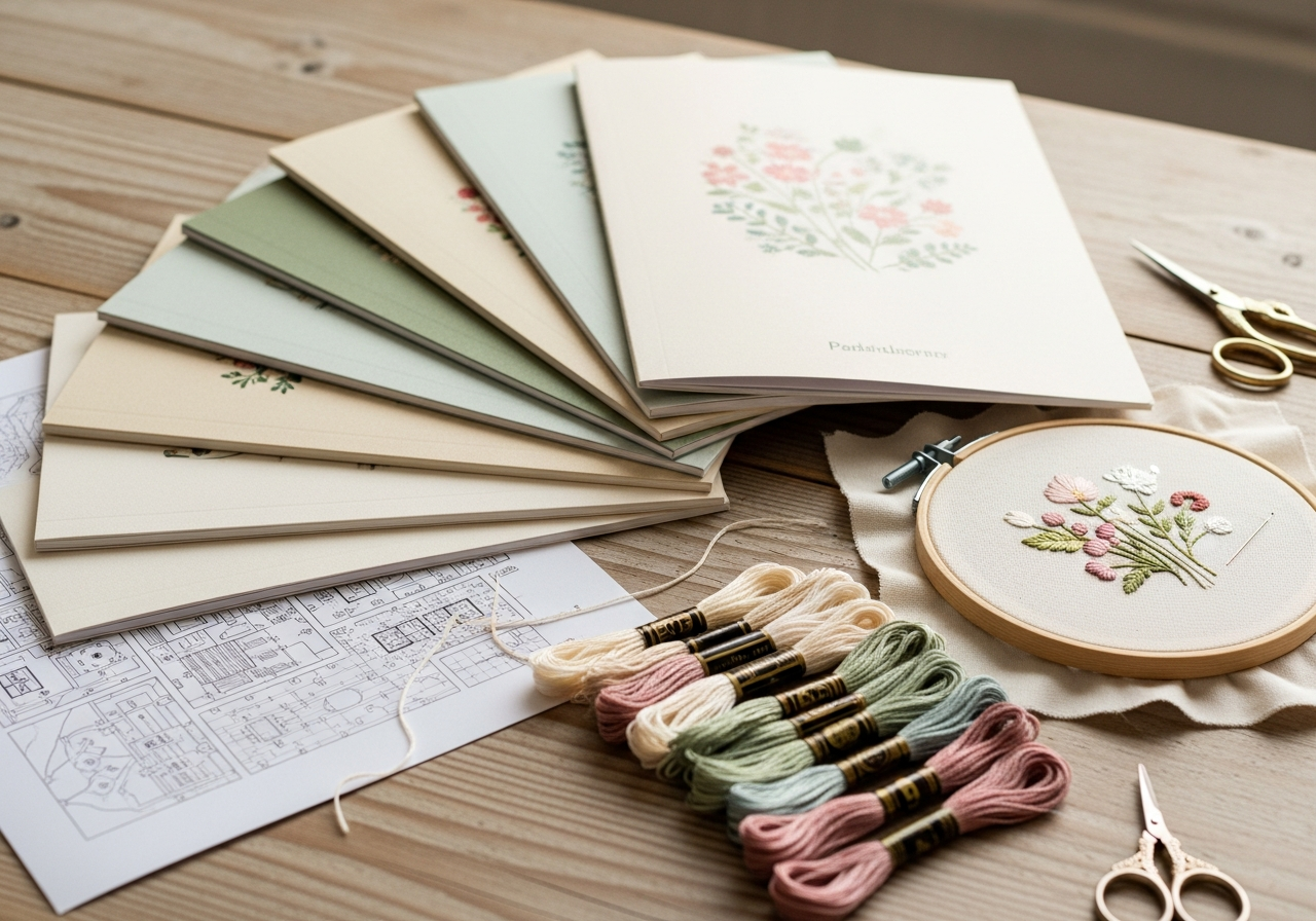 Kit completo Bordado Leve — apostilas, bastidor e linhas